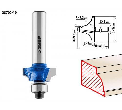 ЗУБР 19x7мм, радиус 3,2мм, фреза кромочная калевочная №1