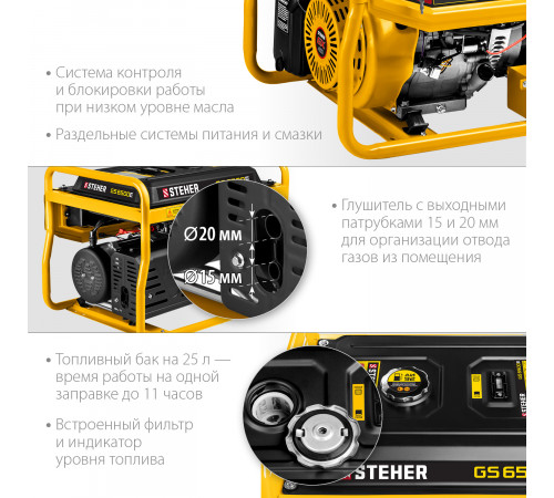 GS-6500Е бензиновый генератор с электростартером, 5500 Вт, STEHER