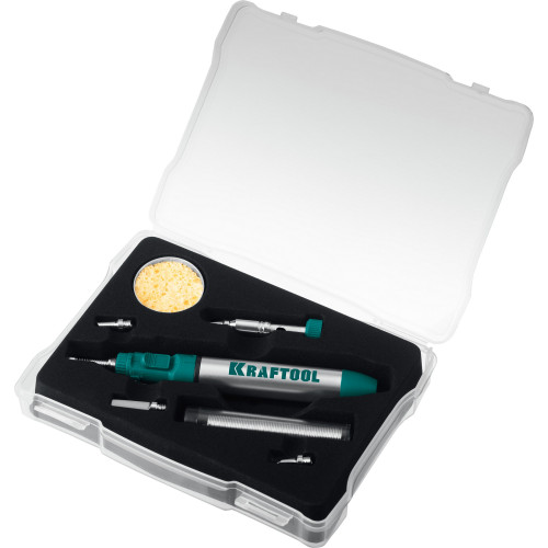 Газовый паяльник KRAFTOOL SolderPro 70B, набор 8-в-1, 30-70 Вт, горелка, фен, 1300°С