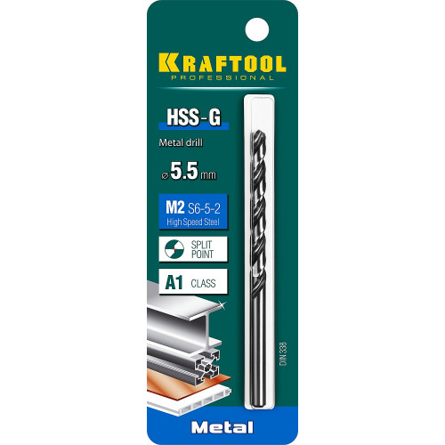 KRAFTOOL HSS-G 5.5 х93мм, Сверло по металлу HSS-G, сталь М2(S6-5-2)