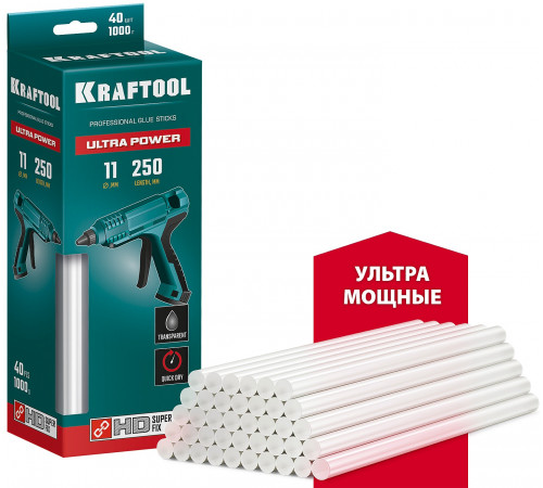 KRAFTOOL Ultra Power ультрамощные прозрачные клеевые стержни, d 11 x 250 мм (11-12 мм) 40 шт. 1 кг