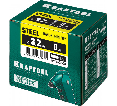 Стальные заклепки Steel, 3.2 х 8 мм, 1000 шт, Kraftool