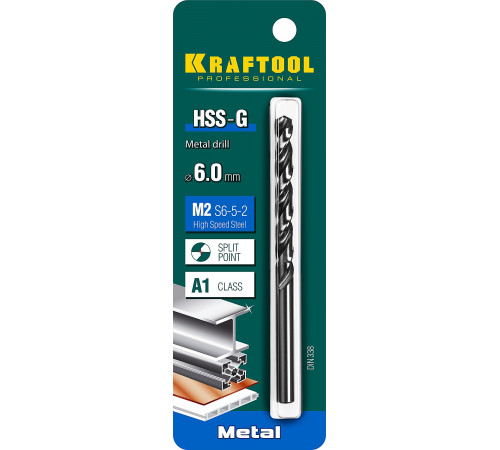 KRAFTOOL HSS-G 6.0 х93мм, Сверло по металлу HSS-G, сталь М2(S6-5-2)