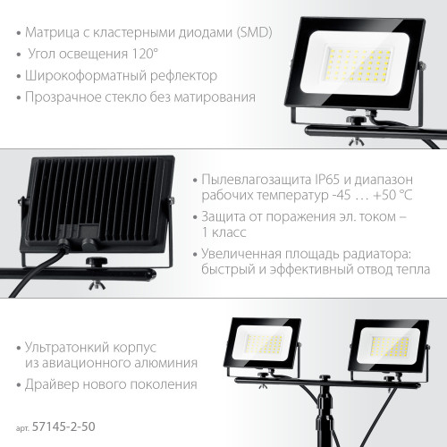 ЗУБР ПСК 50х2 2х50Вт, 6500К IP65, 1.6м Светодиодные прожекторы на штативе Профессионал (57145-2-50)