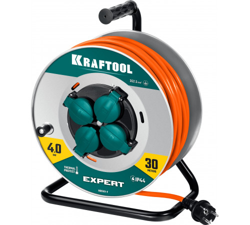 KRAFTOOL ПВС 3х2.5 30м 4000Вт IP44, Силовой удлинитель на стальной катушкеEXPERT (55089-30)