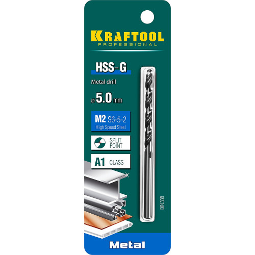 KRAFTOOL HSS-G 5.0 х86мм, Сверло по металлу HSS-G, сталь М2(S6-5-2)