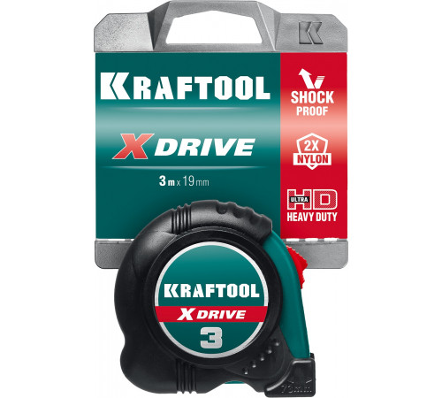 KRAFTOOL X-Drive 3м / 19мм рулетка с ударостойким обрезиненным корпусом