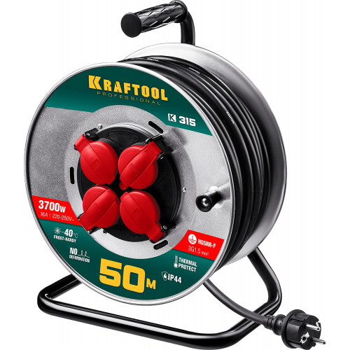 Силовой удлинитель на стальной катушке KRAFTOOL K-315 50 м, IP44