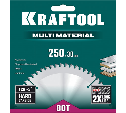 KRAFTOOL Multi Material 250х30мм 80Т, диск пильный по алюминию