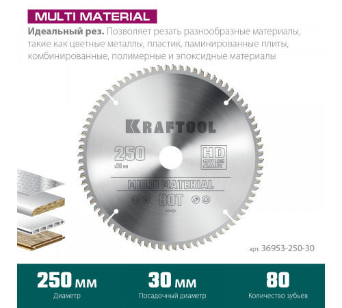 KRAFTOOL Multi Material 250х30мм 80Т, диск пильный по алюминию