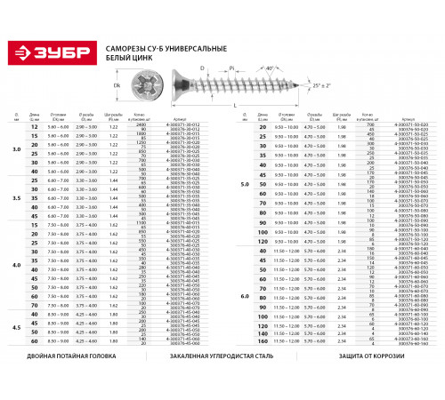 Саморезы СУ-Б универсальные, 45 х 4.5 мм, 200 шт, белый цинк, ЗУБР