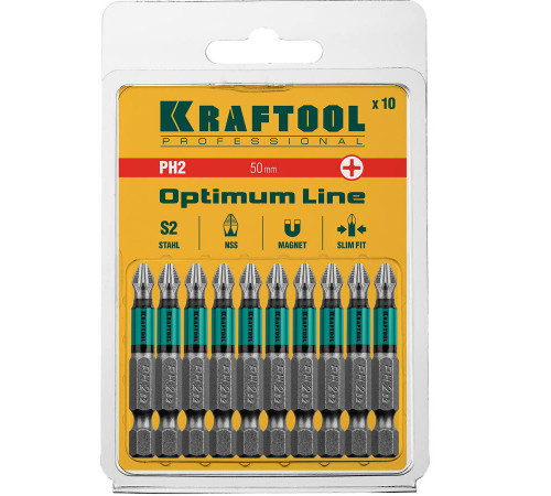 Optimum Line Биты, PH2, 50 мм, тип хвостовика E 1/4″, 10 шт в блистере, KRAFTOOL