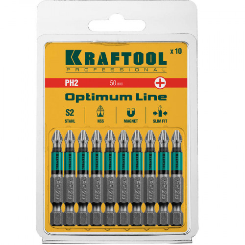 Optimum Line Биты, PH2, 50 мм, тип хвостовика E 1/4″, 10 шт в блистере, KRAFTOOL