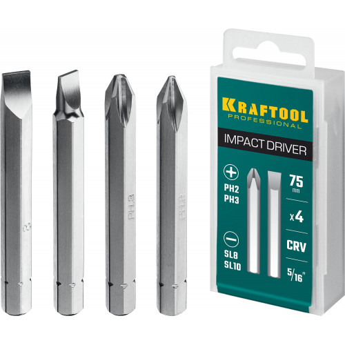Биты для ударной отвертки 4 шт 75 мм, KRAFTOOL