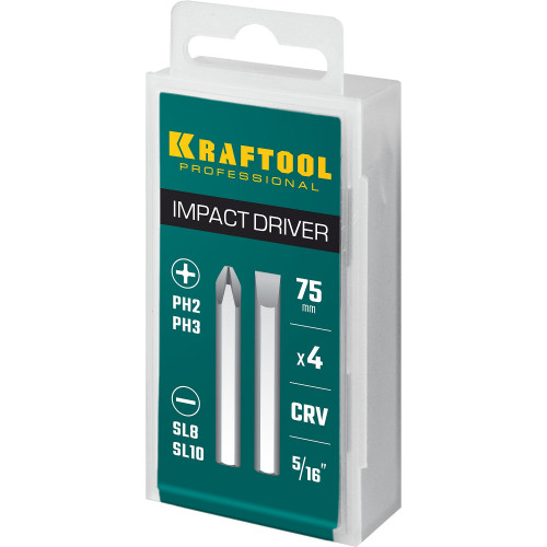 Биты для ударной отвертки 4 шт 75 мм, KRAFTOOL