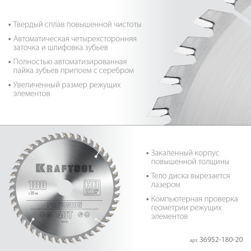 KRAFTOOL PRECISSION 180х20мм 48Т, диск пильный по дереву