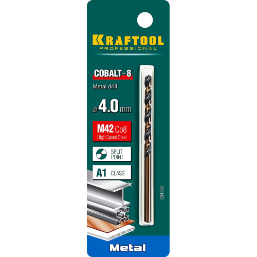 KRAFTOOL COBALT 4.0 х75мм, Сверло по металлу HSS-Co(8%) , сталь М42(S2-10-1-8)