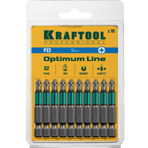 Optimum Line Биты, PZ2, 50 мм, тип хвостовика E 1/4″, 10 шт в блистере, KRAFTOOL