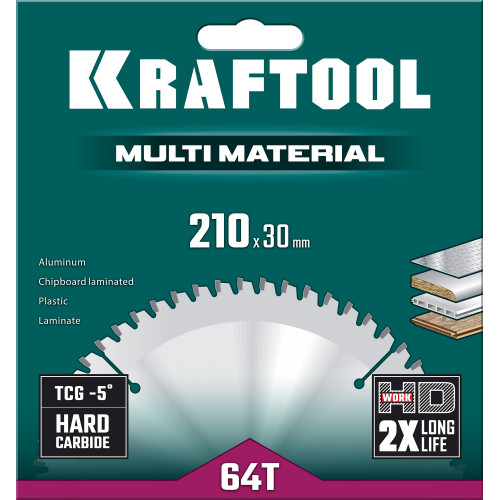 KRAFTOOL Multi Material 210х30мм 64Т, диск пильный по алюминию