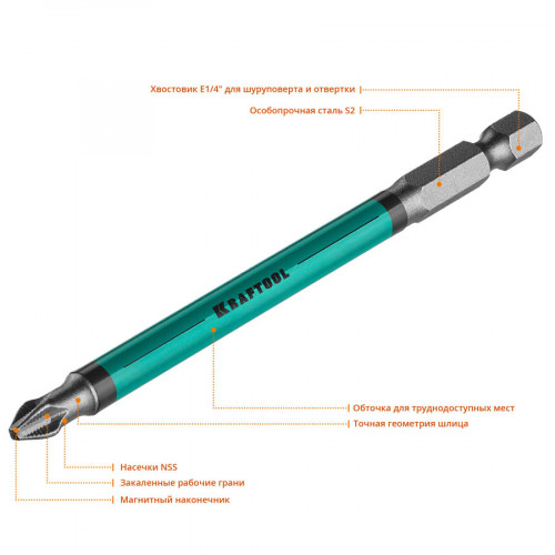 Optimum Line Биты, PH2, 100 мм, тип хвостовика E 1/4″, 10 шт в блистере, KRAFTOOL