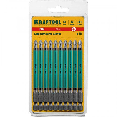 Optimum Line Биты, PH2, 100 мм, тип хвостовика E 1/4″, 10 шт в блистере, KRAFTOOL