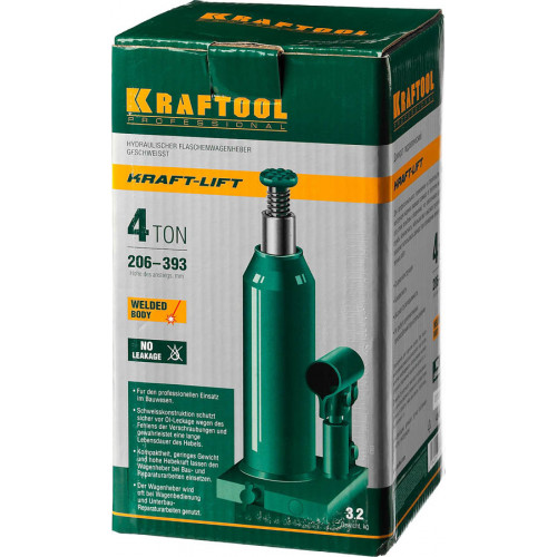 KRAFTOOL KRAFT-LIFT 4т, 204-391мм домкрат бутылочный гидравлический, KRAFT BODY