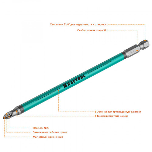 Optimum Line Биты, PZ2, тип хвостовика E 1/4″, 150 мм, 5 шт в блистере, KRAFTOOL