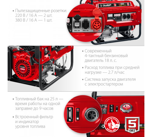 380 В бензиновый генератор с электростартером, 8000 Вт, ЗУБР