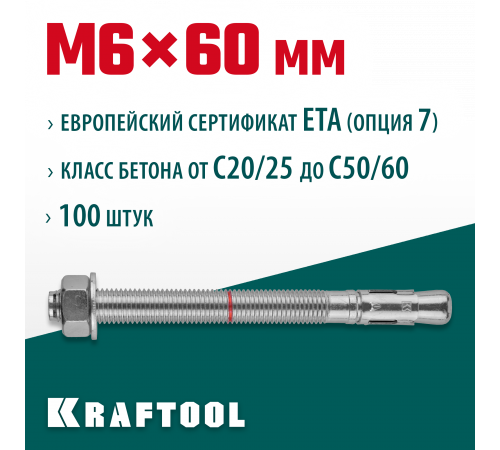 Анкер клиновой, оцинкованный, ETA Option 7, М6x60, 100шт, KRAFTOOL