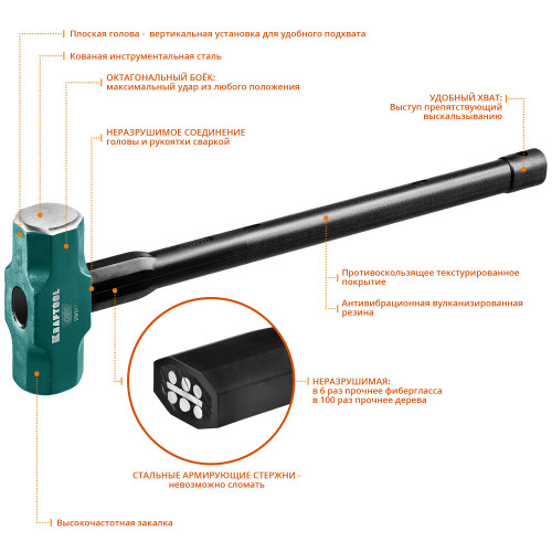 Кувалда со стальной удлинённой обрезиненной рукояткой KRAFTOOL STEEL FORCE 4 кг