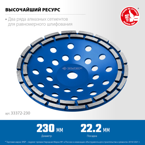 Двухрядная алмазная чашка ЗУБР d 230 мм, Профессионал