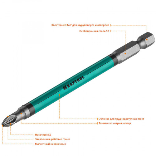 Optimum Line Биты, PZ2, тип хвостовика E 1/4″, 100 мм, 10 шт в блистере, KRAFTOOL