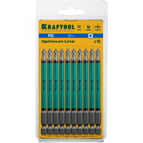 Optimum Line Биты, PZ2, тип хвостовика E 1/4″, 100 мм, 10 шт в блистере, KRAFTOOL
