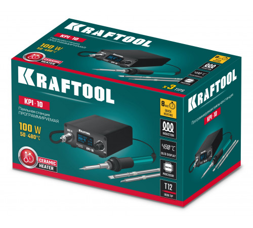 KRAFTOOL KPI-10, 50 - 480°C, 100 Вт, 3 жала Т12, программируемая паяльная станция (55343)