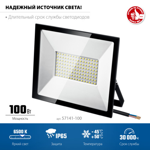 ЗУБР ПСК-100, 100 Вт, 6500К IP65 Светодиодный прожектор Профессионал, (57141-100)