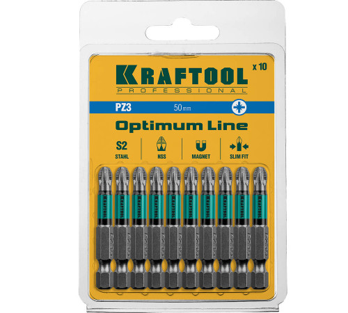 Optimum Line Биты, PZ3, 50 мм, тип хвостовика E 1/4″, 10 шт в блистере, KRAFTOOL