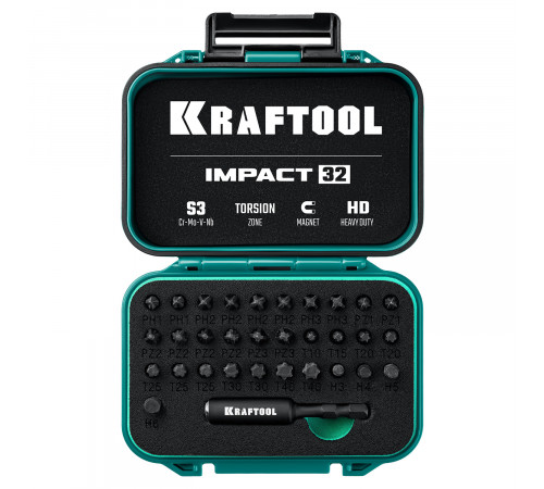 Набор бит ударных торсионных ″Impact 32″, KRAFTOOL 26066-H32, Cr-Mo-V-Nb,высокоточ.шлицы,ударопр.супербокс, защита от пыли и влаги для надежн хранен