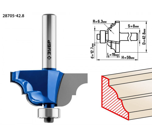 ЗУБР 42,8x19мм, радиус 6.3мм, фреза кромочная калевочная №4
