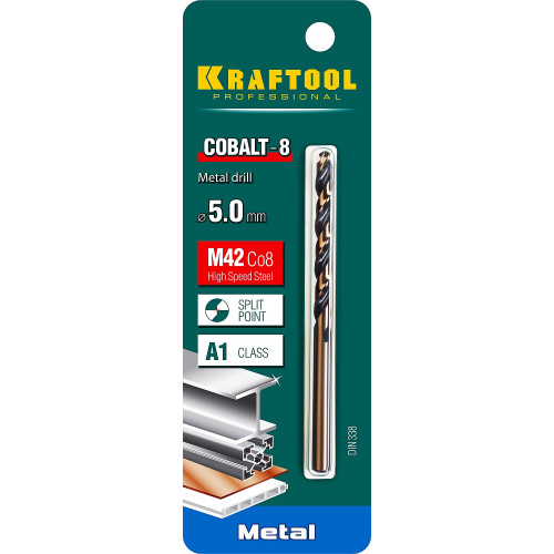 KRAFTOOL COBALT 5.0 х86мм, Сверло по металлу HSS-Co(8%) , сталь М42(S2-10-1-8)
