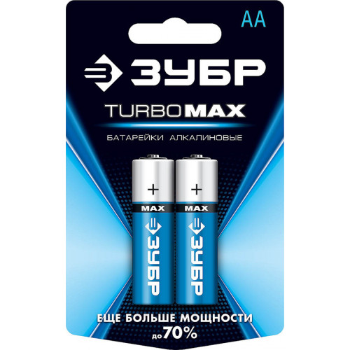 Щелочная батарейка 1.5 В, тип АА, 2 шт, ЗУБР Turbo-MAX