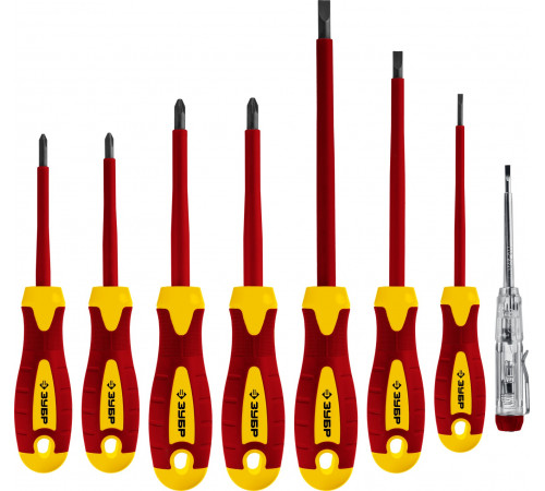 Набор: Отвертки SL 3, 5, 6 / PH 1, 2 / PZ 1, 2, тестер 100-250 В, ЗУБР ″Профессионал″ 25268, в кейсе, 8 предметов