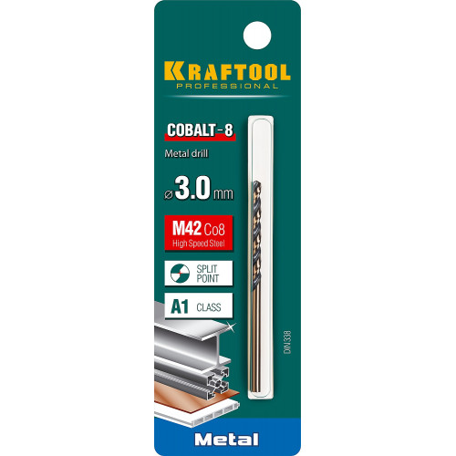 KRAFTOOL COBALT 3.0 х61мм, Сверло по металлу HSS-Co(8%) , сталь М42(S2-10-1-8)