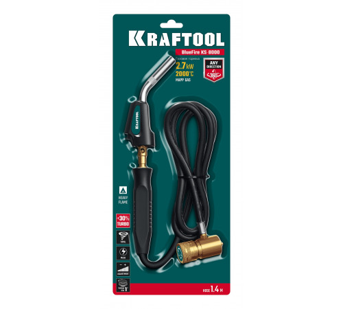 Газовая горелка Blue Fire KRAFTOOL KS-8000, со шлангом 1.4м с пьезоподжигом на баллон турбо нагрев + 30% 2000°C, (55512)