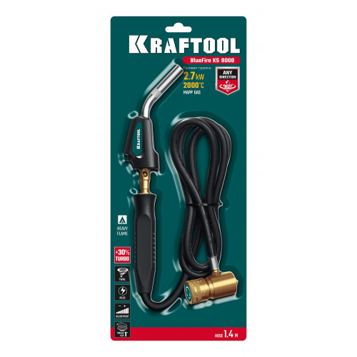 Газовая горелка Blue Fire KRAFTOOL KS-8000, со шлангом 1.4м с пьезоподжигом на баллон турбо нагрев + 30% 2000°C, (55512)