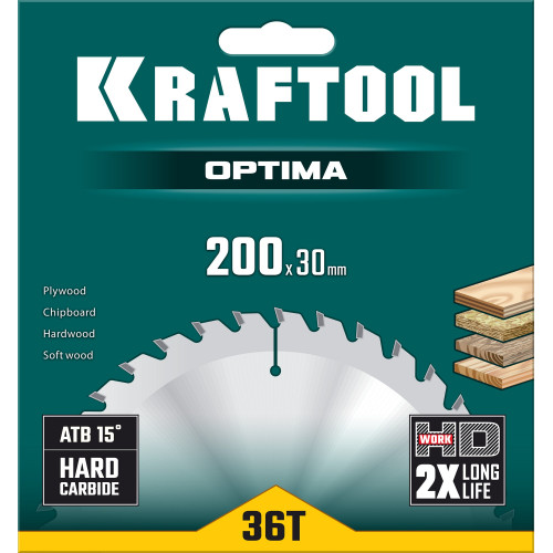 KRAFTOOL Optima 200х30мм 36Т, диск пильный по дереву
