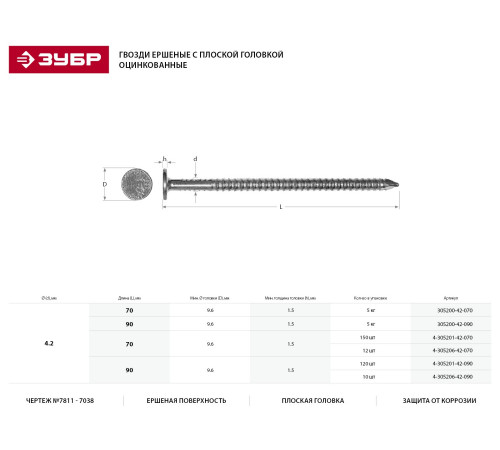 Гвозди ершеные с плоской головкой, оцинкованные, 90 х 4.2 мм, 5 кг, ЗУБР