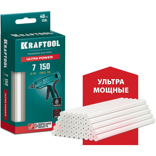 KRAFTOOL Ultra Power ультрамощные прозрачные клеевые стержни, d 7 x 150 мм (7-8 мм) 40 шт. 250 г.