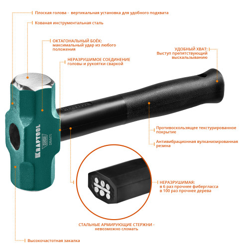 Кувалда со стальной обрезиненной рукояткой KRAFTOOL STEEL FORCE 2 кг