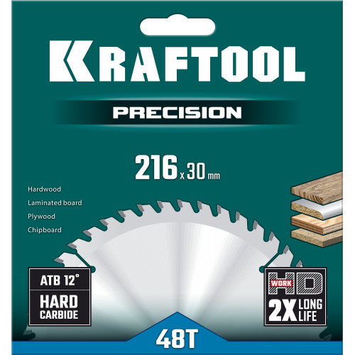 KRAFTOOL PRECISSION 216х30мм 48Т, диск пильный по дереву