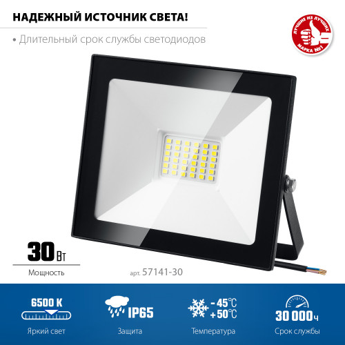 ЗУБР ПСК-30 30 Вт, 6500К IP65 Светодиодный прожектор Профессионал, (57141-30)